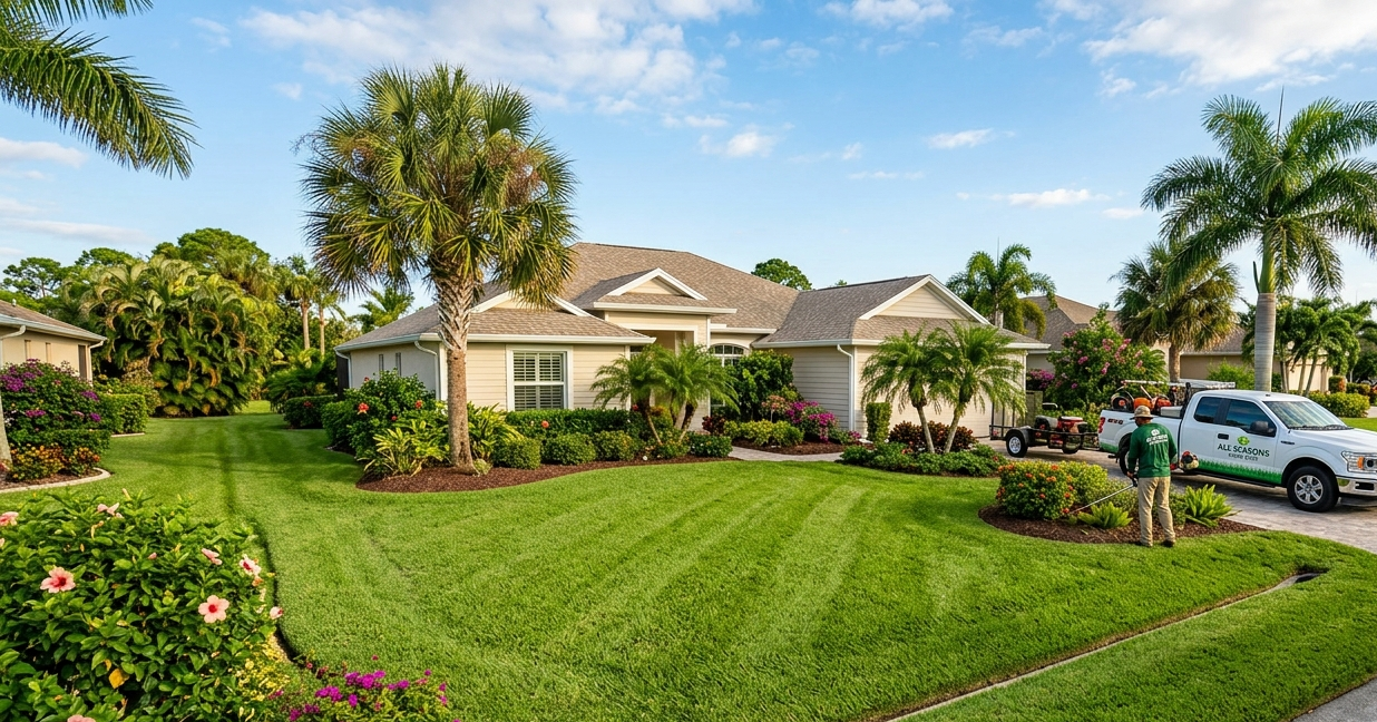 Freshly mowed and striped Florida lawn with palms and an All Seasons Lawn Care truck at the curb